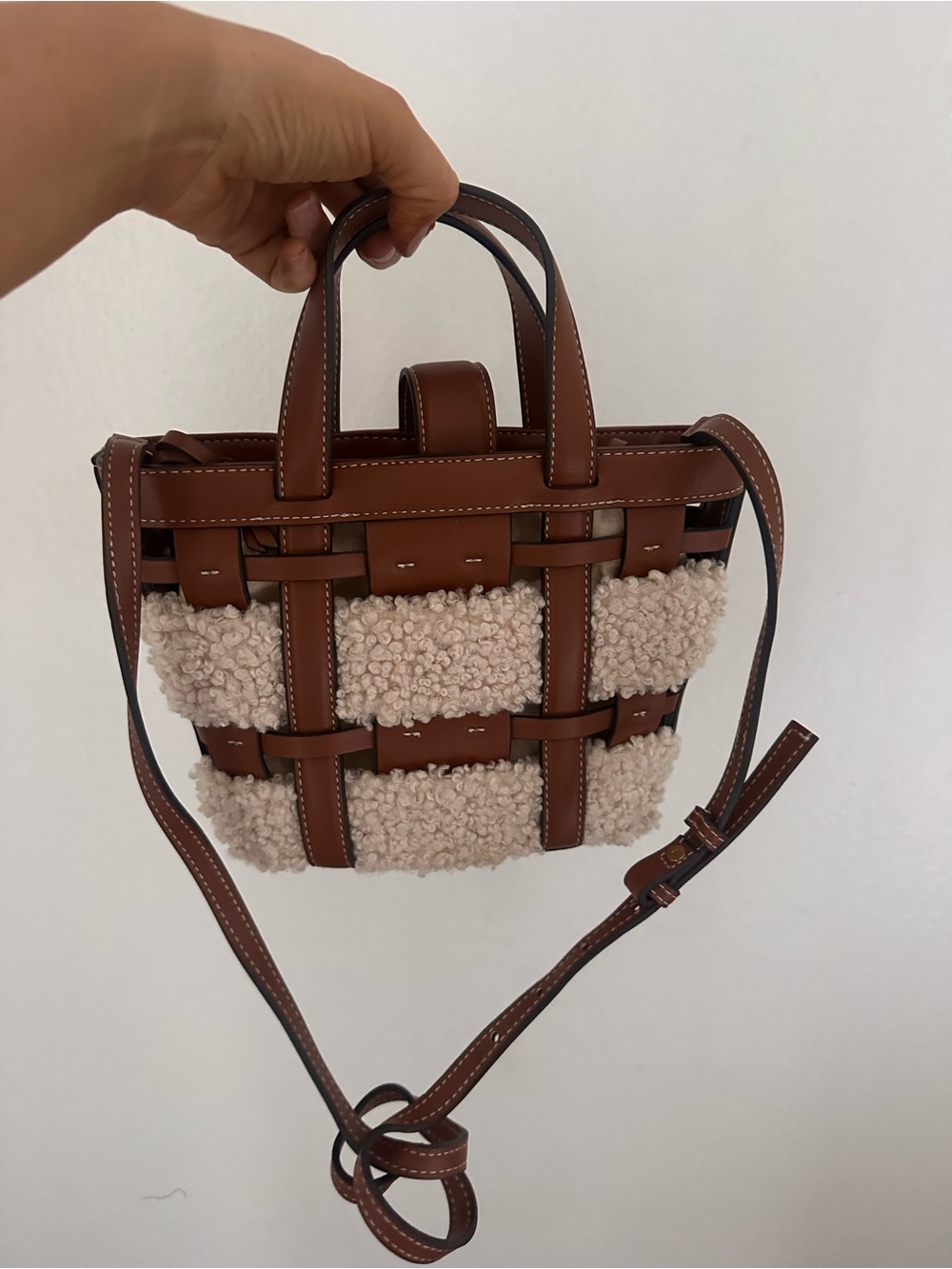 New no tags Brown Leather and Cream Sherpa Woven Mini Tote Zara